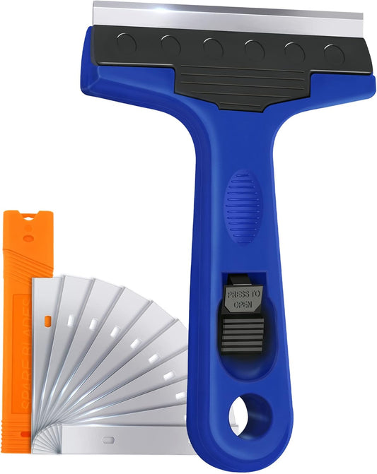 Razor Blade Scraper. 4 Scraper Tool with 10 Extra Replacement Metal Blades. Razor Scraper Remover for Cleaning Paint. Caulk. Adhesive. Label. Decal. Sticker from Window. Glass. Tile. Floor. Stove Top