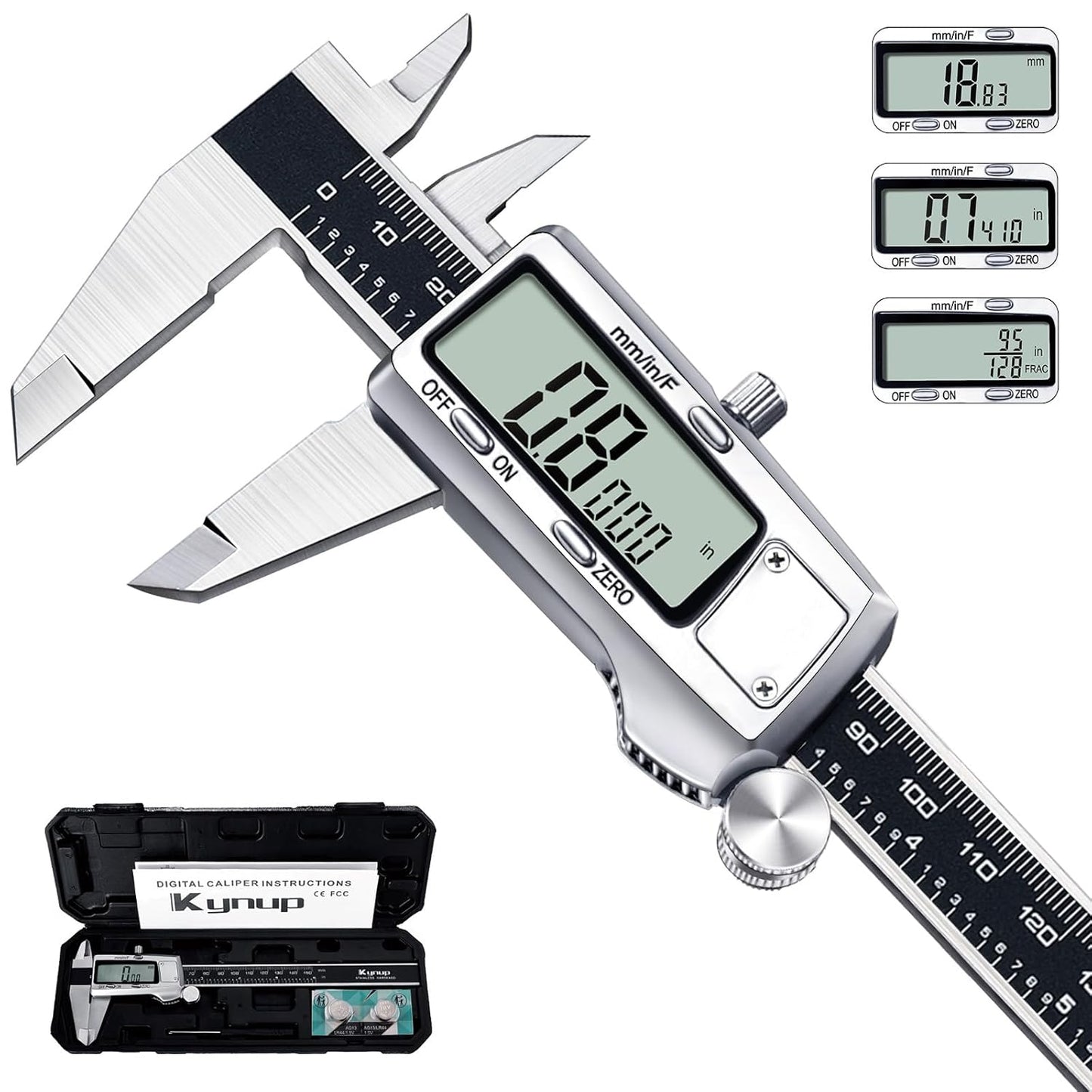 Kynup Digital Caliper. Caliper Measuring Tool. Micrometer Dial Vernier Caliper Digital. Full Turn Off. Stainless Steel. Switch from Inch Metric Fraction (6Inch/150MM)