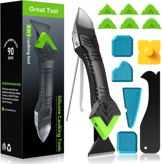 Caulking Tool 5 in 1 Silicone Caulking Grout Removal Sealant Finishing Tool with Grout Scraper. 6 Exchange Silicone Pads. Adhesive Residue Scraper Seam Repair Kit for Kitchen Bathroom