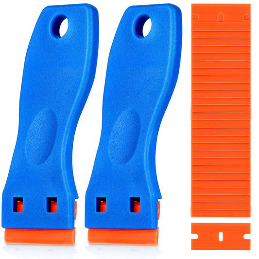 KUSUFEFI Plastic Razor Blade Scraper. 2PCS Scraper Tool with 60PCS Plastic Blades. Cleaning Scraper Remover for Stickers. Decals. Adhesive. Labels. Paint. Glass. Car. Window. Caulk. No Scratches