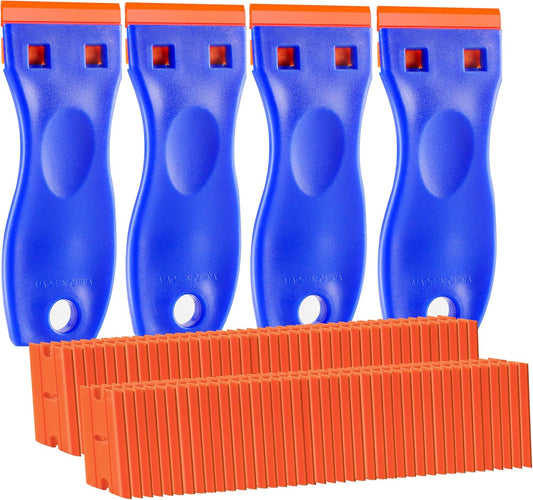 4 PCS Plastic Razor Blade Scraper and 120 PCS Plastic Razor Blades. Cleaning Scraper Tool for Remover. Adhesive. Stickers. Decals. Glass. Labels. Cars Windows